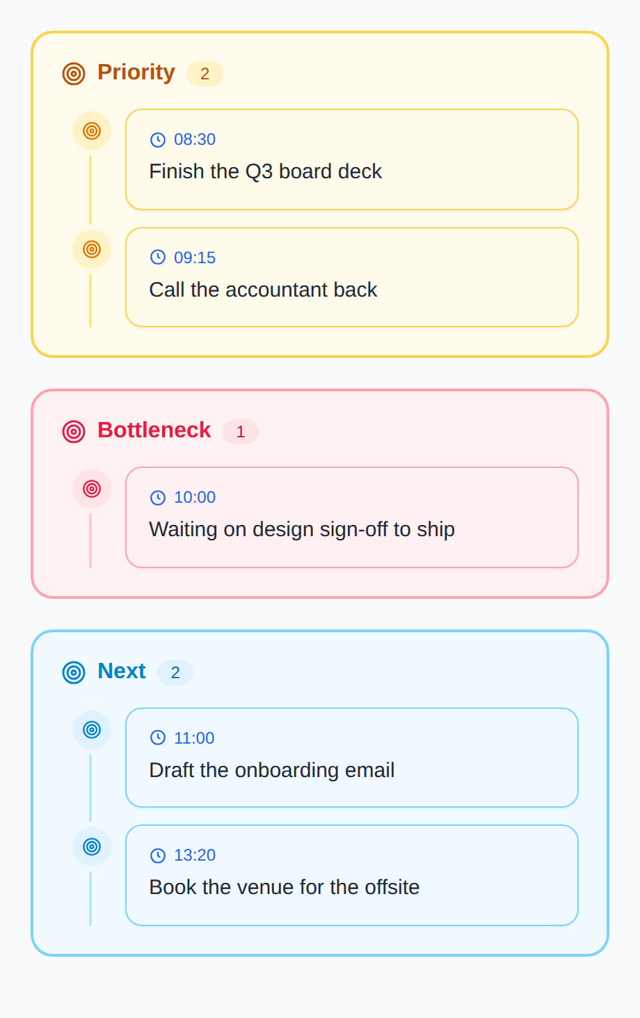 A folder view: structure tucked behind the surface, sessions logged as you go